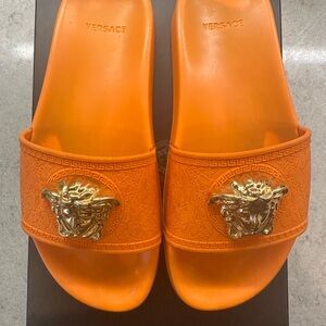 Versace Bright Orange Slides with Gold Medusa